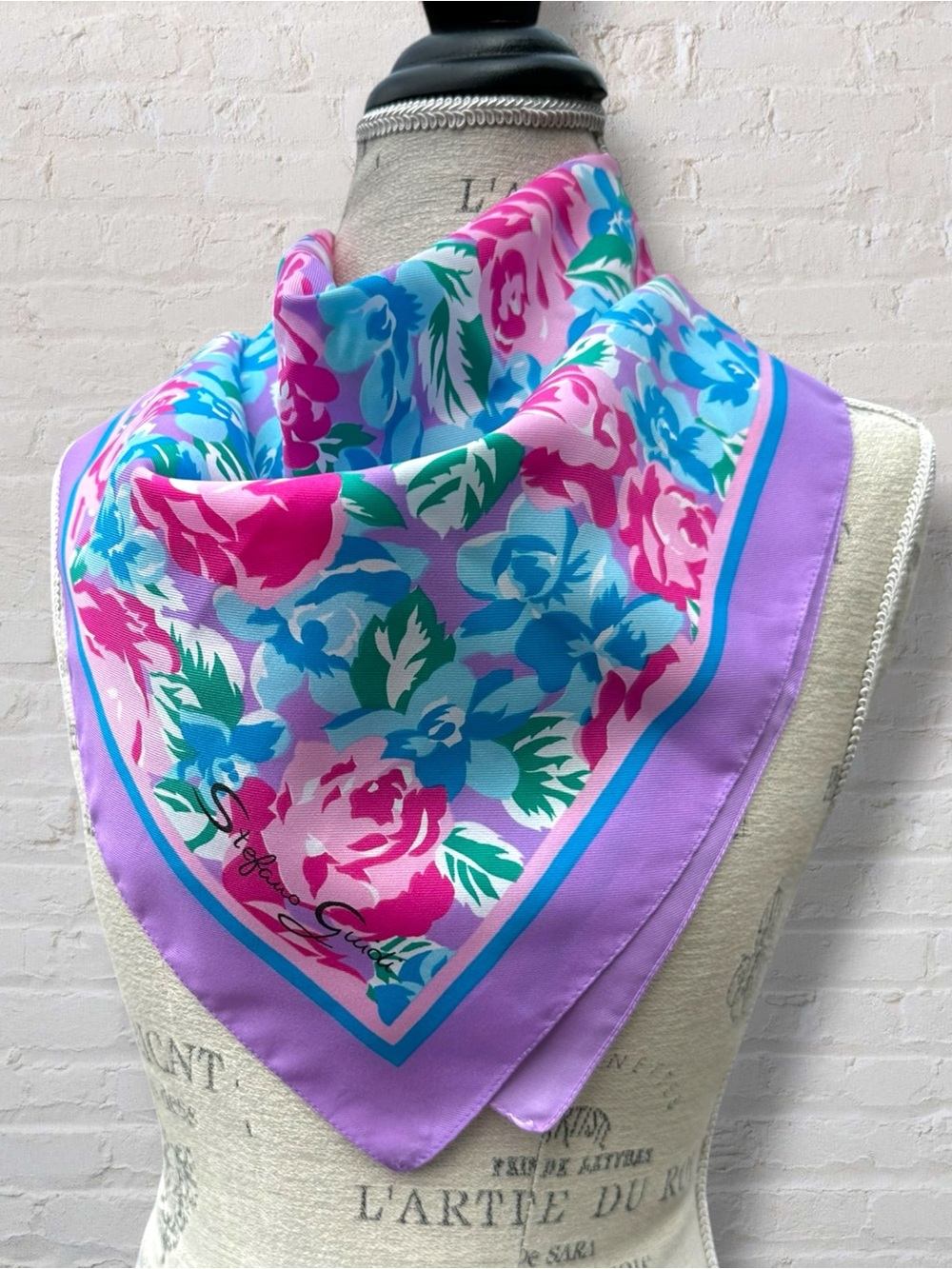 Vintage Stefano Guidi Floral Square Scarf Purple Pink Teal Made in Italy 27”